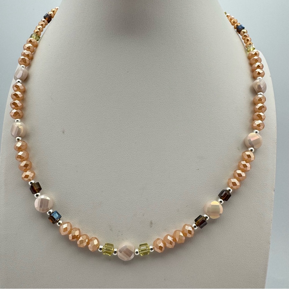 Faceted Peach & Champagne Crystal Beaded Necklace with Silver-Tone Accents